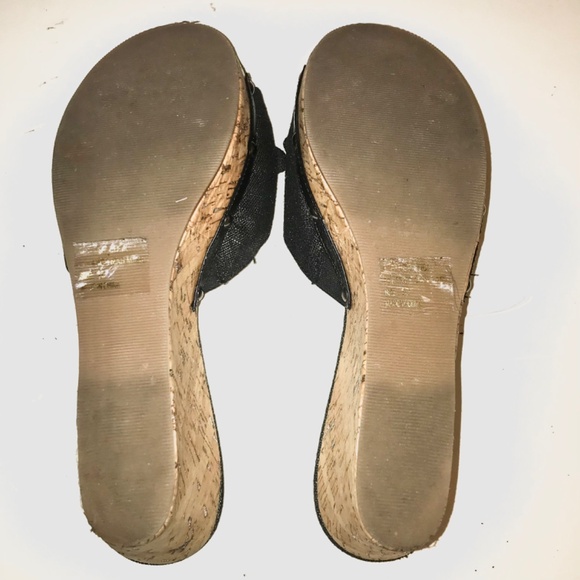 Restricted Black Silver Fleck Cork Wedge Sandals Slides Bow Studded Size 10 - Picture 10 of 13